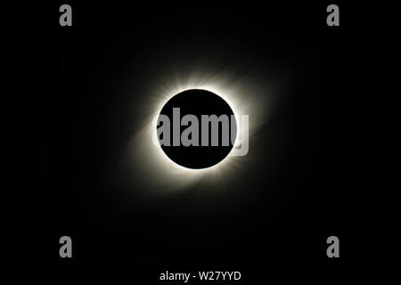 The Solar Corona atmosphere layer during Total Solar Eclipse Chile 2019, amazing view of the Sun covered by the Moon during totality phase Stock Photo