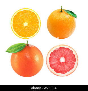 Isolated oranges. Collection of whole and sliced orange fruits isolated on white background Stock Photo
