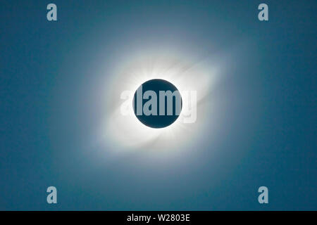 The Solar Corona atmosphere layer during Total Solar Eclipse Chile 2019, amazing view of the Sun covered by the Moon during totality phase Stock Photo