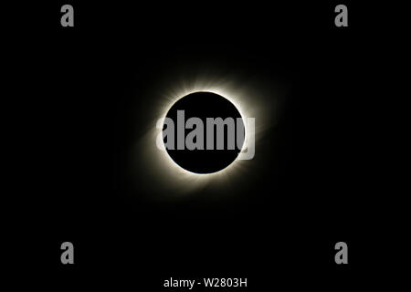 The Solar Corona atmosphere layer during Total Solar Eclipse Chile 2019, amazing view of the Sun covered by the Moon during totality phase Stock Photo