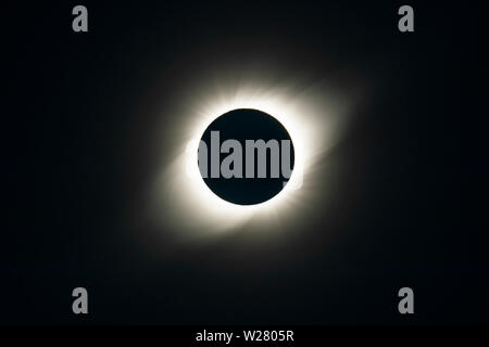 The Solar Corona atmosphere layer during Total Solar Eclipse Chile 2019, amazing view of the Sun covered by the Moon during totality phase Stock Photo