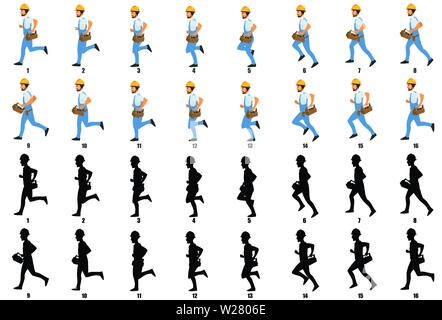 Handyman Character Model sheet with Walk cycle and Run cycle Animation Sequence , Loop animation Stock Vector