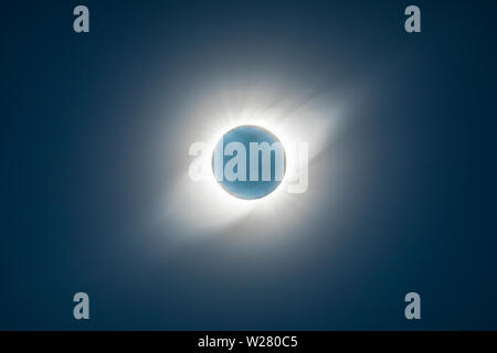 The Solar Corona atmosphere layer during Total Solar Eclipse Chile 2019, amazing view of the Sun covered by the Moon during totality phase Stock Photo