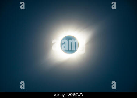 The Solar Corona atmosphere layer during Total Solar Eclipse Chile 2019, amazing view of the Sun covered by the Moon during totality phase Stock Photo