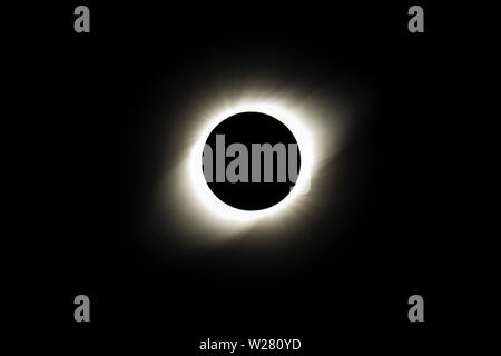 The Solar Corona atmosphere layer during Total Solar Eclipse Chile 2019, amazing view of the Sun covered by the Moon during totality phase Stock Photo
