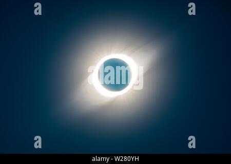 The Solar Corona atmosphere layer during Total Solar Eclipse Chile 2019, amazing view of the Sun covered by the Moon during totality phase Stock Photo