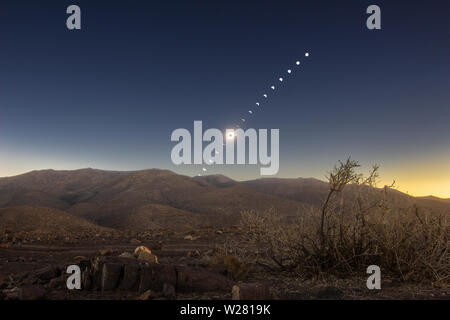 Total Solar Eclipse at Atacama Desert 2 July 2019, an amazing event to see. All the Solar Eclipse phases in one shot with a view of the totality Stock Photo