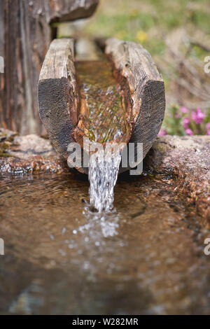Close-up detail of drinking water flowing from a wooden water fountain in a trough. Portrait format. Stock Photo
