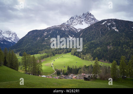 View of a valley in the Alps in the region Trentino with the typical wooden barns (Tabia in Italian) and the Dolomites on the background. Stock Photo