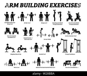 Arm building exercises and muscle building stick figure pictograms. Artworks depict a set of weight training reps workout for arm hand muscle by gym m Stock Vector