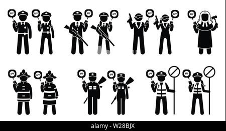 Mobile app for public safety jobs and occupations. Male and female police, guards, bodyguards, fireman, soldier, traffic officer, and judge using smar Stock Vector