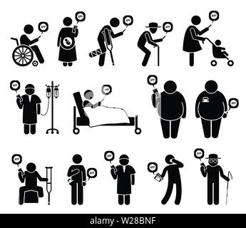 Medical healthcare mobile phone app for people in need. Vector artwork depicts handicapped, pregnant woman, elderly, cancer patient, and blind man usi Stock Vector