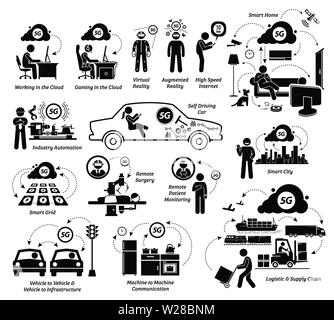Examples of 5G usages with Internet of Things and list of possible applications. Vector artwork depicts how information technology can evolve with 5G Stock Vector