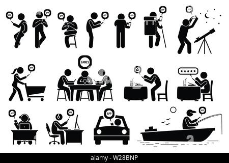 People using smartphone app for various activities. Vector depict use of mobile app for star gazing, shopping, multiplayer mobile games, rating review Stock Vector