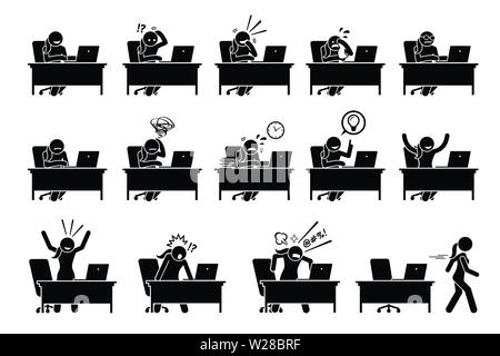 Girl using computer with various poses, actions, feelings, and emotions. Artworks depict woman working on a desk with a laptop with different reaction Stock Vector