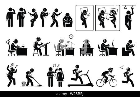 Man using phone and listening to earphone in different poses stick figures pictogram. Artworks depict people or person listening to music, podcast, or Stock Vector