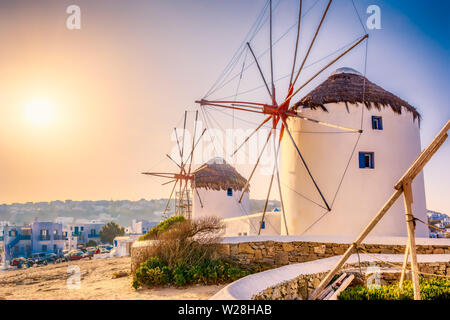 The Mykonos windmills - iconic feature of the Greek island of the Mykonos. Stock Photo