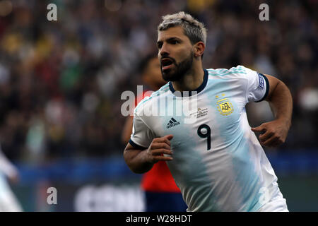 Sao Paulo, Brazil. 6th July, 2019. Argentina's Aguero celebrates scoring during the 3rd place match of Copa America 2019 between Argentina and Chile in Sao Paulo, Brazil, July 6, 2019. Credit: Rahel Patrasso/Xinhua/Alamy Live News Stock Photo