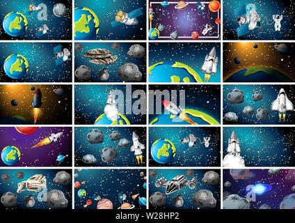 Large set of space scenes illustration Stock Vector