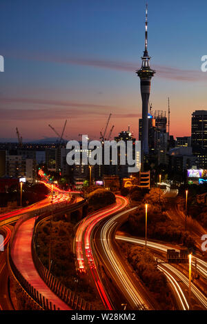 Motorways, Lightpath cycleway, and Sky Tower, Auckland, North Island, New Zealand Stock Photo