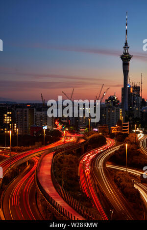 Motorways, Lightpath cycleway, and Sky Tower, Auckland, North Island, New Zealand Stock Photo