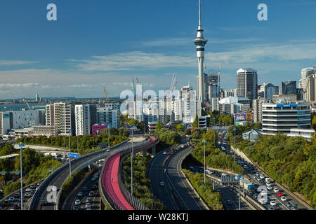 Motorways, Lightpath cycleway, and Sky Tower, Auckland, North Island, New Zealand Stock Photo