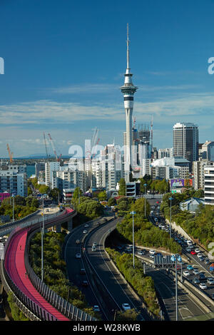 Motorways, Lightpath cycleway, and Sky Tower, Auckland, North Island, New Zealand Stock Photo