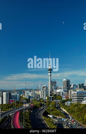 Motorways, Lightpath cycleway, and Sky Tower, Auckland, North Island, New Zealand Stock Photo