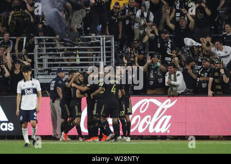 Los Angeles, CA, USA. 6th July, 2019. LAFC players celebrate a goal in the first half during the game between Vancouver Whitecaps and Los Angeles FC at Banc of California Stadium in Los Angeles, CA., USA. (Photo by Peter Joneleit) Credit: csm/Alamy Live News Stock Photo