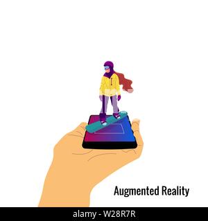 Human hand is holding smartphone with augmented reality app on screen showing hologram of a woman Stock Vector