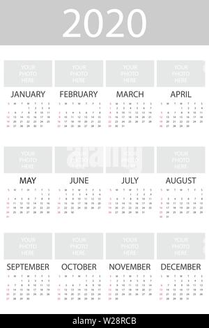 Calendar 2020 year with photo, simple design template, vertical format, week starts on Sunday, vector Stock Vector