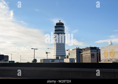 Vienna, Austria: May/20/2019 - Vienna International Airport (built in 1938 and the largest airport in Austria). The communication traffic control towe Stock Photo