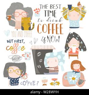 Cute young girls drinking coffee. Vector set Stock Vector
