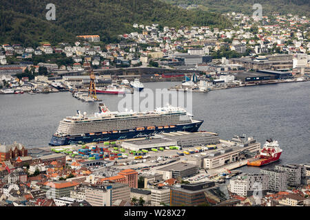 A German Mein Schiff cruise ship docked in the harbor in Bergen, Norway. Stock Photo