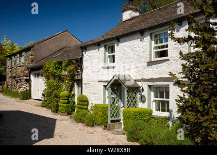 UK, Cumbria, Hawkshead, Roger Ground, Nurse’s Cottage, white painted property on outskirts of village Stock Photo