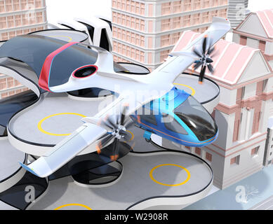 E-VTOL passenger aircraft taking off from an urban airport. Urban Passenger Mobility concept. 3D rendering image. Stock Photo