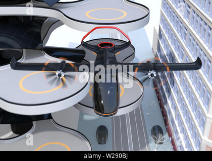 Front view of E-VTOL passenger aircraft taking off from an urban airport. Urban Passenger Mobility concept. 3D rendering image. Stock Photo