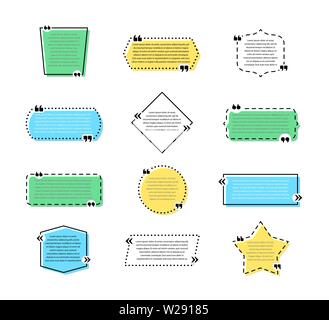 Set of colored quote signs with different geometric shapes. Creative speech bubbles, citation empty frames isolated on white background Stock Vector