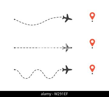 Set of airplane path to location pin. Plane route lines. Tourism and travel vector illustration. Stock Vector