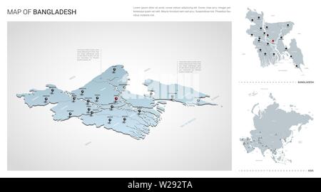 Bangladesh vector map. Editable template with regions, cities, red pins ...