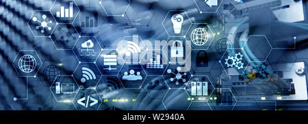 ICT - information and telecommunication technology and IOT - internet of things concepts. Diagrams with icons on server room backgrounds. Stock Photo