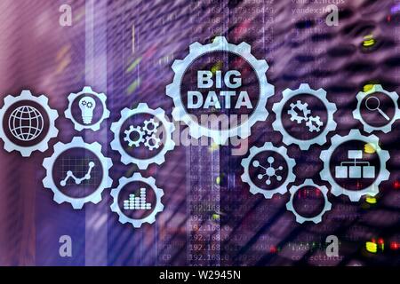 Big Data Concept of hi tech and innovation in business and production. Virtual screen on data center server background. Stock Photo