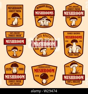 Set of emblems with mushrooms. Design element for poster, logo, label, sign, badge. Vector illustration Stock Vector