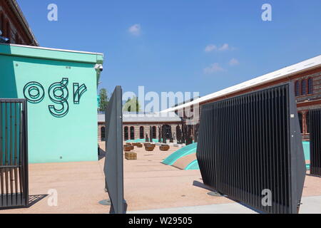 urin, Italy - June 2019 External facade and main entrance of the new OGRs host exhibitions, shows, concerts, theatre and dance events, workshops, star Stock Photo