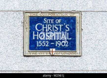 Commemorative Blue Plaque on the site of Christ's Hospital, 1552-1902, City of London, UK Stock Photo