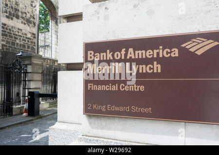 Signage outside Bank of America, Merrill Lynch, King Edward Street, Farringdon, London EC1, UK Stock Photo