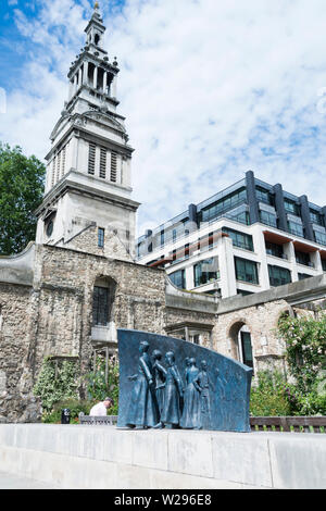 Andrew Brown's memorial bronze sculpture of Christ's Hospital School, in the Christ Church Greyfriars church garden, City of London, UK Stock Photo