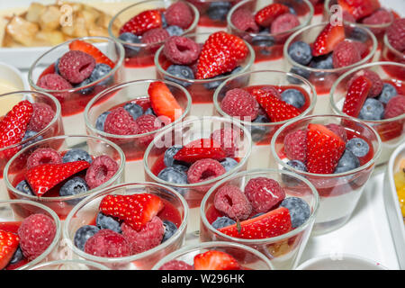 Dessert buffet with fresh fruits in glasses and apple pie with vanilla sauce and warm cinnamon cake with fresh fruits, Germany Stock Photo