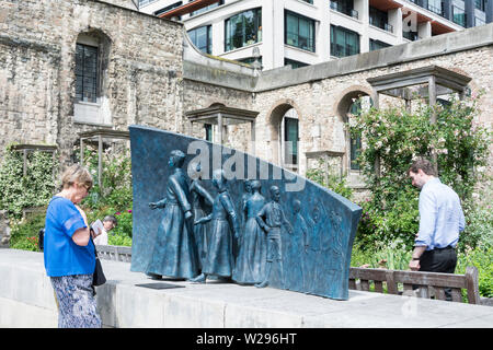 Andrew Brown's memorial bronze sculpture of Christ's Hospital School, in the Christ Church Greyfriars church garden, City of London, UK Stock Photo