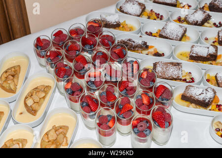 Dessert buffet with fresh fruits in glasses and apple pie with vanilla sauce and warm cinnamon cake with fresh fruits, Germany Stock Photo